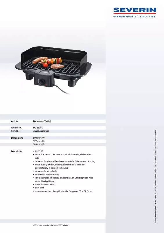 Mode d'emploi SEVERIN BARBECUE-GRILL PG 8525