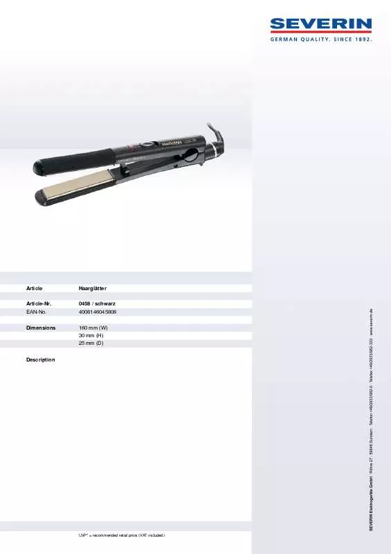 Mode d'emploi SEVERIN CERAMIC SCULPTOR STRAIGHTENER 0458