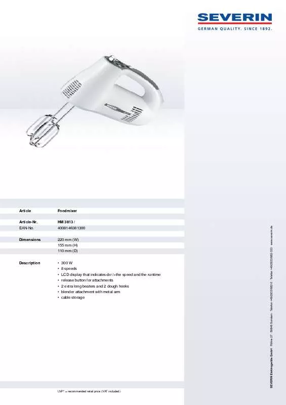 Mode d'emploi SEVERIN HANDMIXER MIT DISPLAY HM 3813