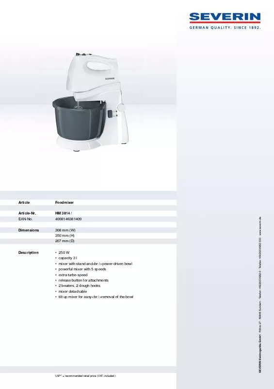 Mode d'emploi SEVERIN HANDMIXER-SET HM 3814