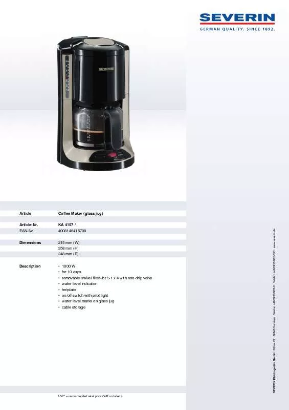 Mode d'emploi SEVERIN KAFFEEAUTOMAT KA 4157