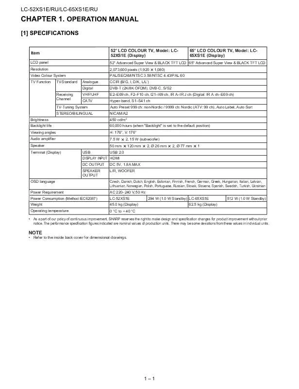 Mode d'emploi SHARP LC52XS1E