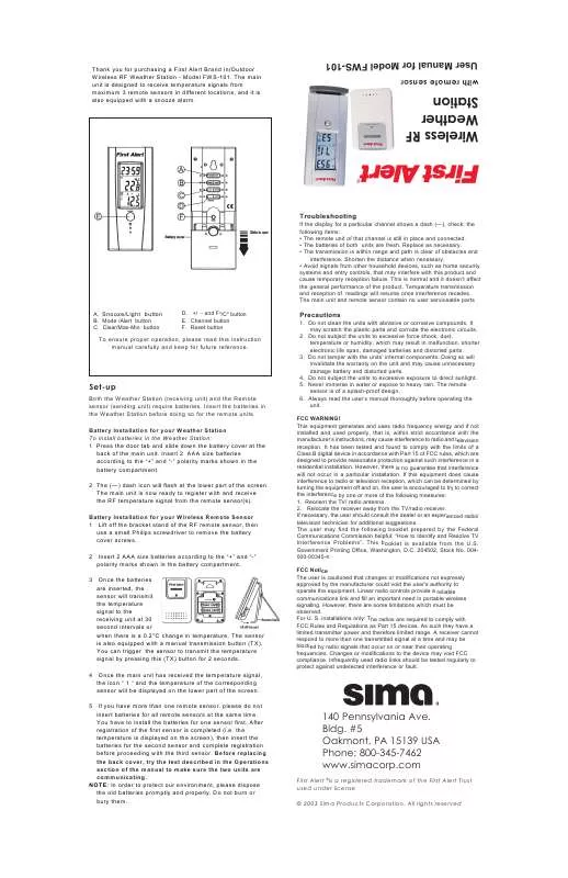 Mode d'emploi SIMA FWS-101