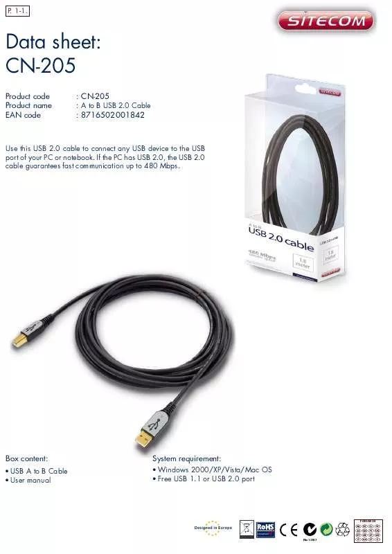 Mode d'emploi SITECOM A TO B USB CABLE CN-205