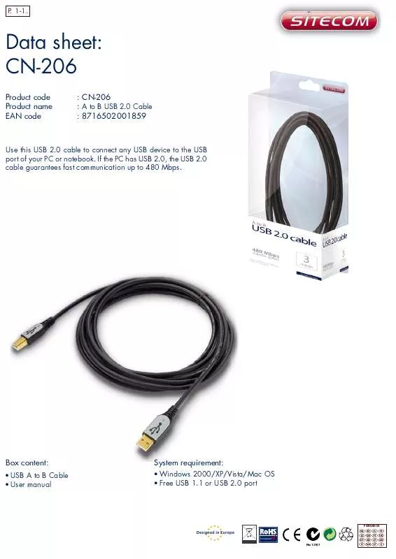 Mode d'emploi SITECOM A TO B USB CABLE CN-206