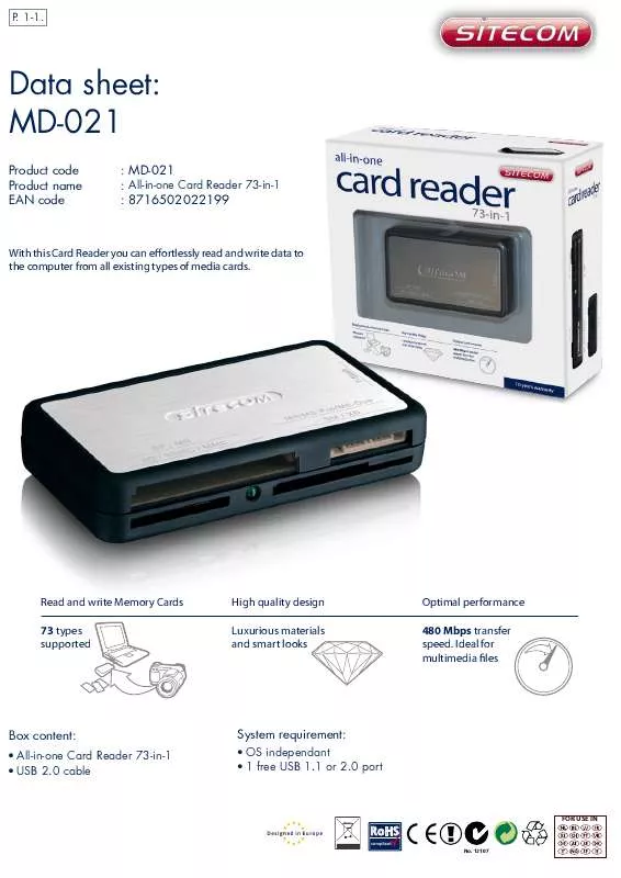 Mode d'emploi SITECOM ALL-IN-ONE CARD READER 73-IN-1 MD-021