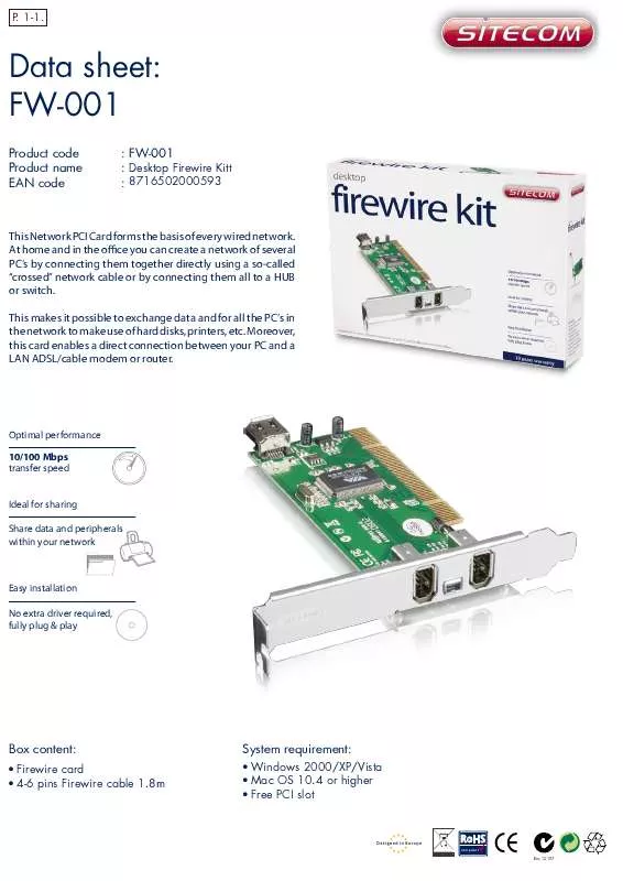 Mode d'emploi SITECOM DESKTOP FIREWIRE KIT FW-001