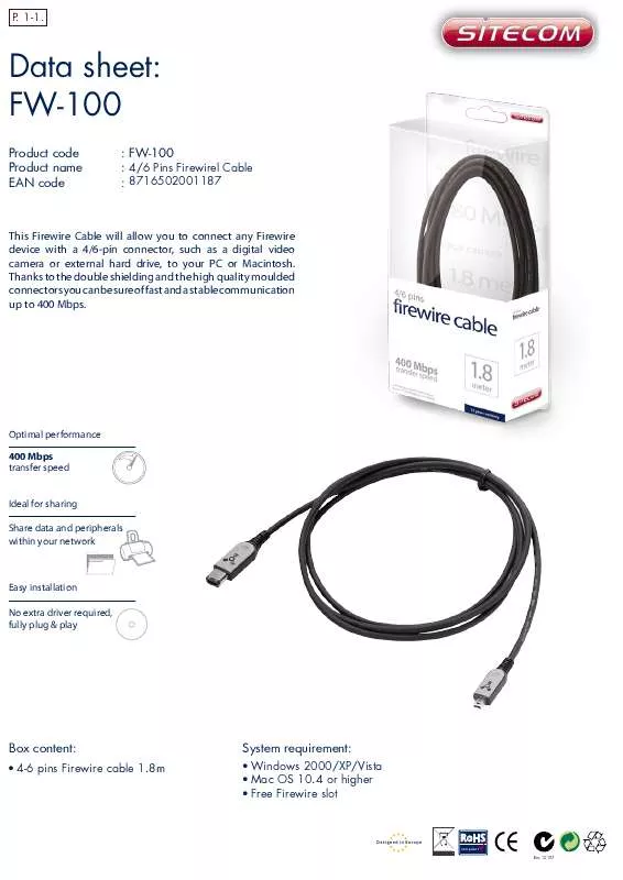 Mode d'emploi SITECOM FIREWIRE CABLE FW-100