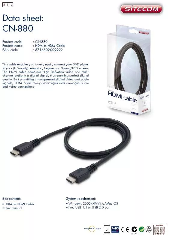 Mode d'emploi SITECOM HDMI TO HDMI CABLE CN-880