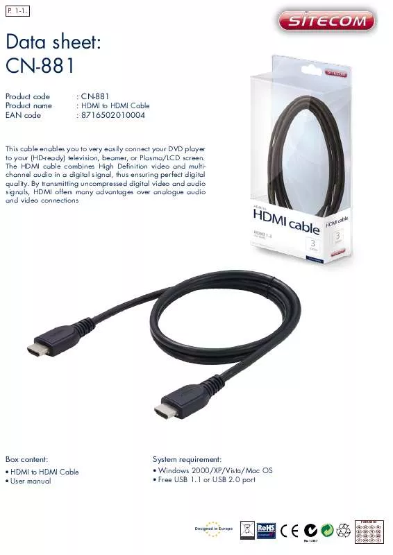 Mode d'emploi SITECOM HDMI TO HDMI CABLE CN-881