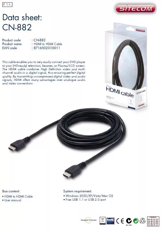 Mode d'emploi SITECOM HDMI TO HDMI CABLE CN-882