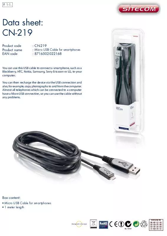 Mode d'emploi SITECOM MICRO USB CABLE FOR SMARTPHONES CN-219