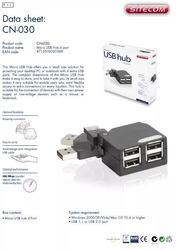 Mode d'emploi SITECOM MICRO USB HUB CN-030