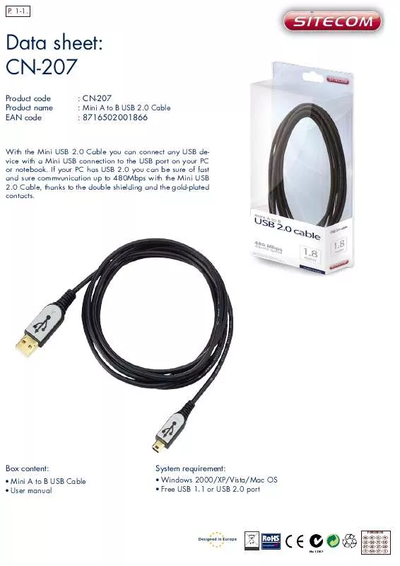 Mode d'emploi SITECOM MINI A TO B USB CABLE CN-207