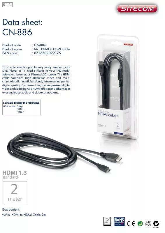 Mode d'emploi SITECOM MINI HDMI TO HDMI CABLE CN-886