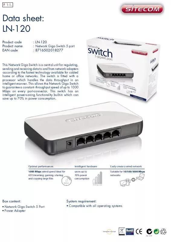 Mode d'emploi SITECOM NETWORK GIGA SWITCH 5 PORT LN-120