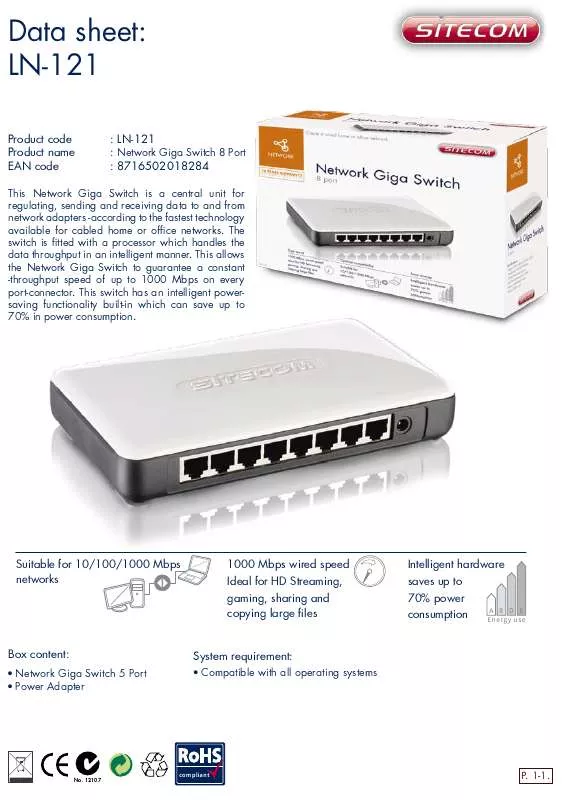 Mode d'emploi SITECOM NETWORK GIGA SWITCH 8 PORT LN-121