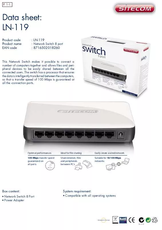 Mode d'emploi SITECOM NETWORK SWITCH 8 PORT LN-119