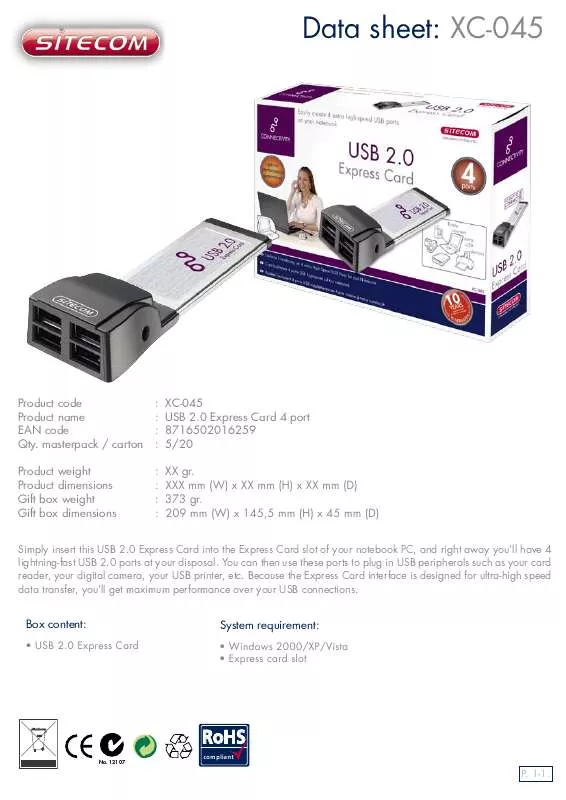 Mode d'emploi SITECOM USB 2.0 EXPRESS CARD XC-045