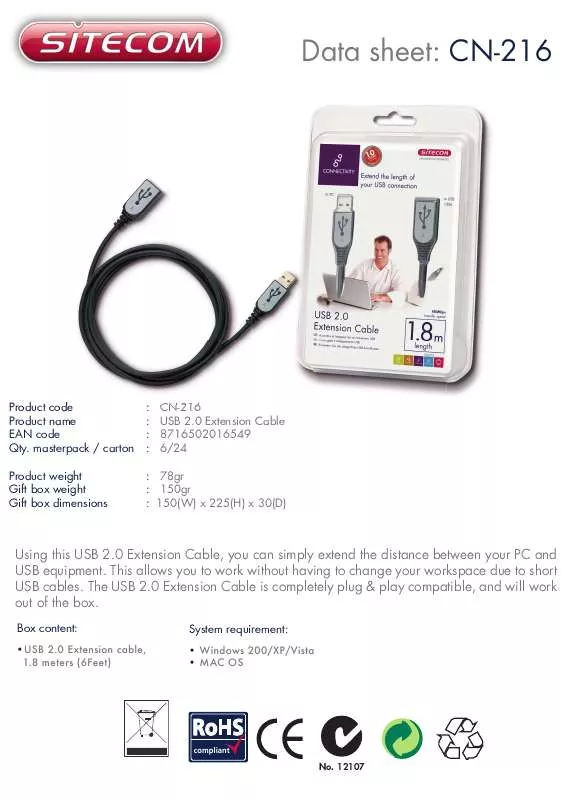 Mode d'emploi SITECOM USB 2.0 EXTENSION CABLE CN-216