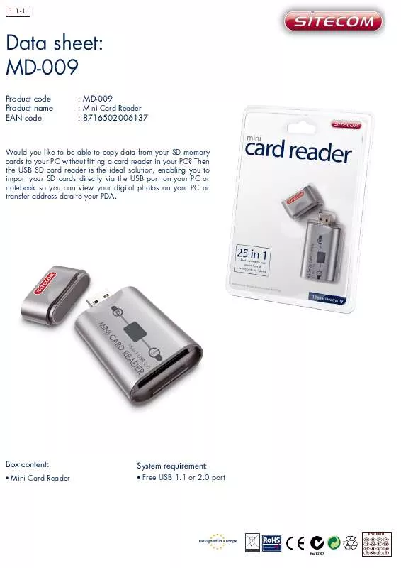 Mode d'emploi SITECOM USB 2.0 MINI CARD READER MD-009