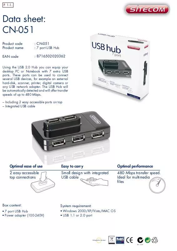 Mode d'emploi SITECOM USB HUB CN-051