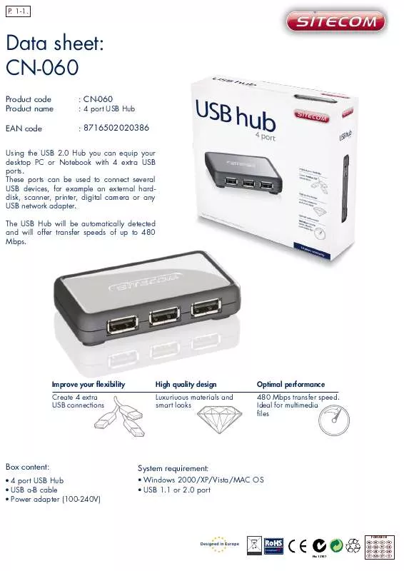 Mode d'emploi SITECOM USB HUB CN-060