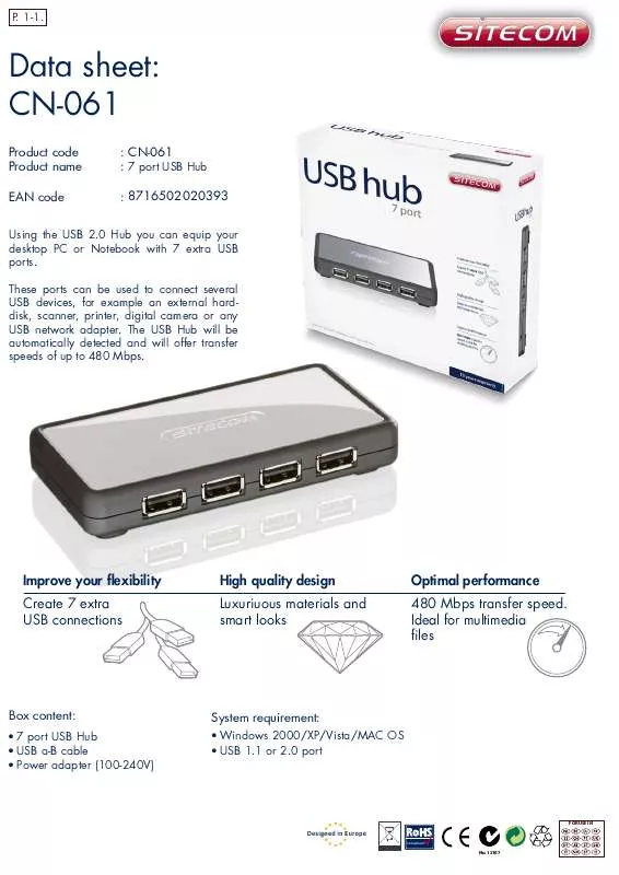 Mode d'emploi SITECOM USB HUB CN-061