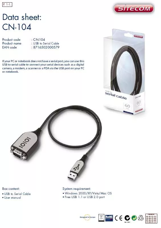 Mode d'emploi SITECOM USB TO SERIAL CABLE CN-104