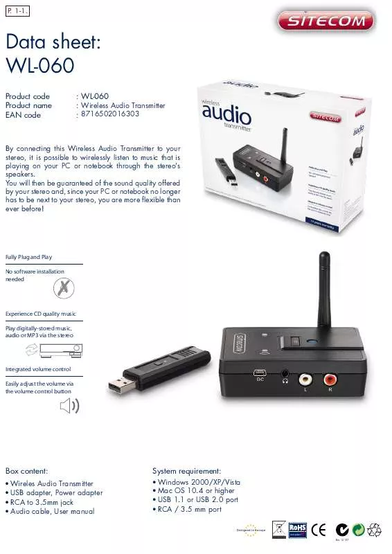 Mode d'emploi SITECOM WIRELESS AUDIO TRANSMITTER WL-060