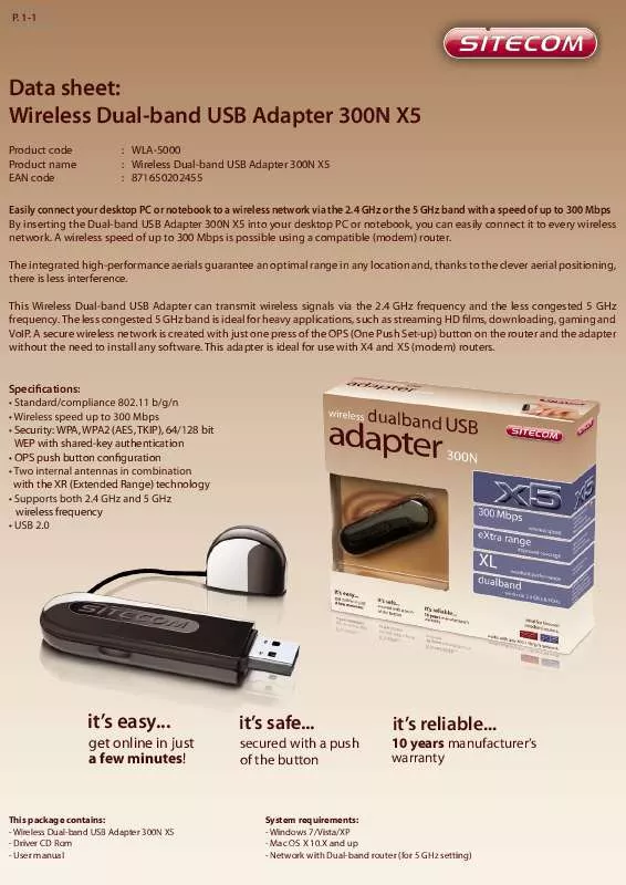 Mode d'emploi SITECOM WIRELESS DUALBAND USB ADAPTER 300N X5 WLA-5000