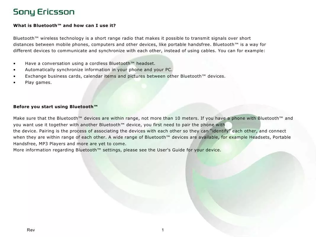 Mode d'emploi SONY ERICSSON BLUETOOTH-HANDSFREE HBH-20