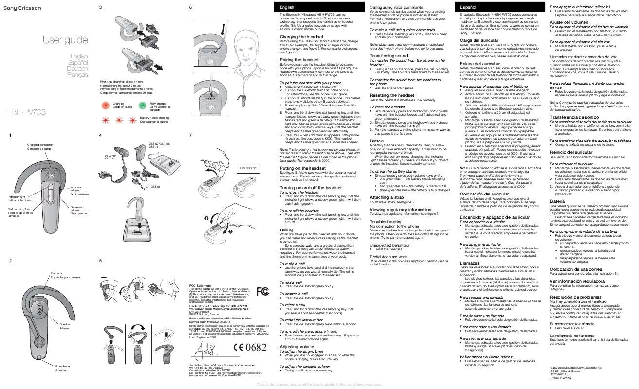 Mode d'emploi SONY ERICSSON BLUETOOTH-HEADSET HBH-PV703