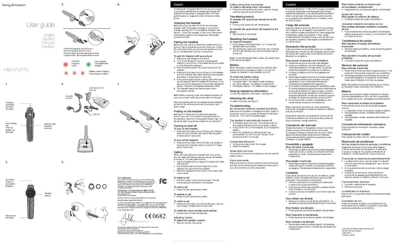 Mode d'emploi SONY ERICSSON BLUETOOTH-TRADE-HEADSET HBH-PV770