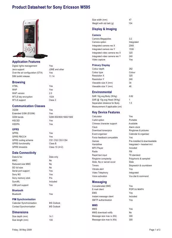 Mode d'emploi SONY ERICSSON W595I