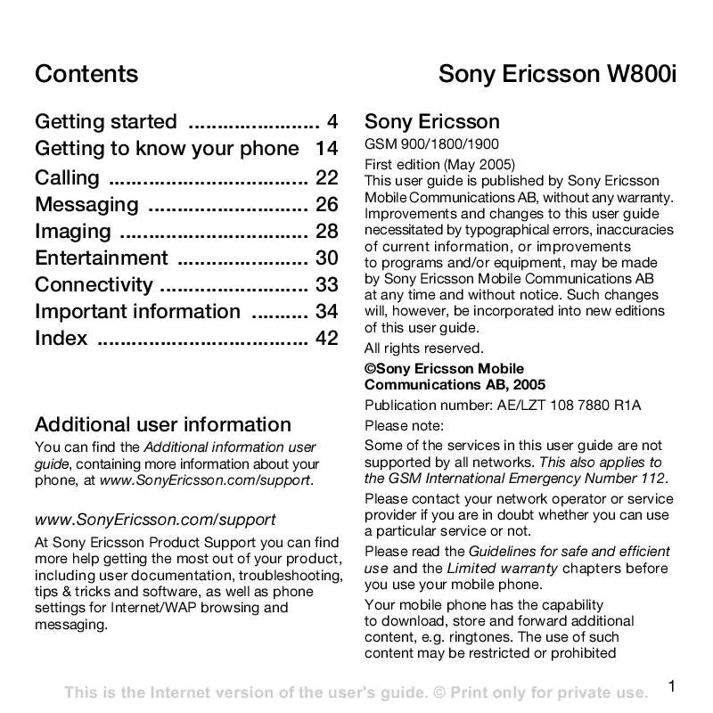 Mode d'emploi SONY ERICSSON W800