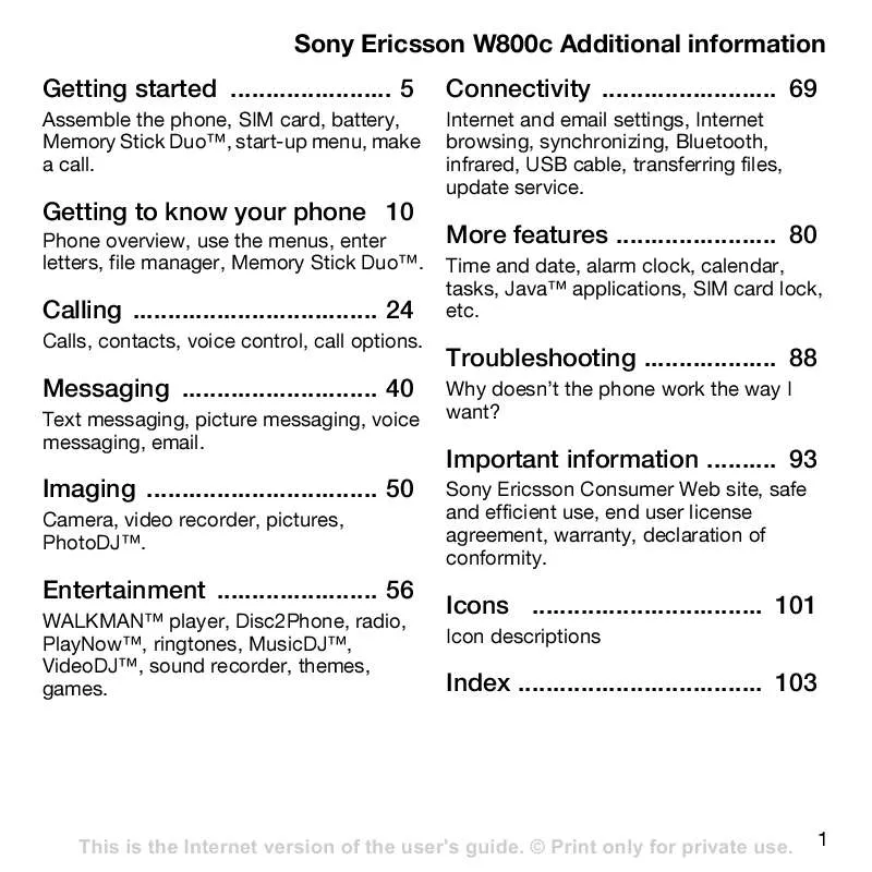 Mode d'emploi SONY ERICSSON W800C