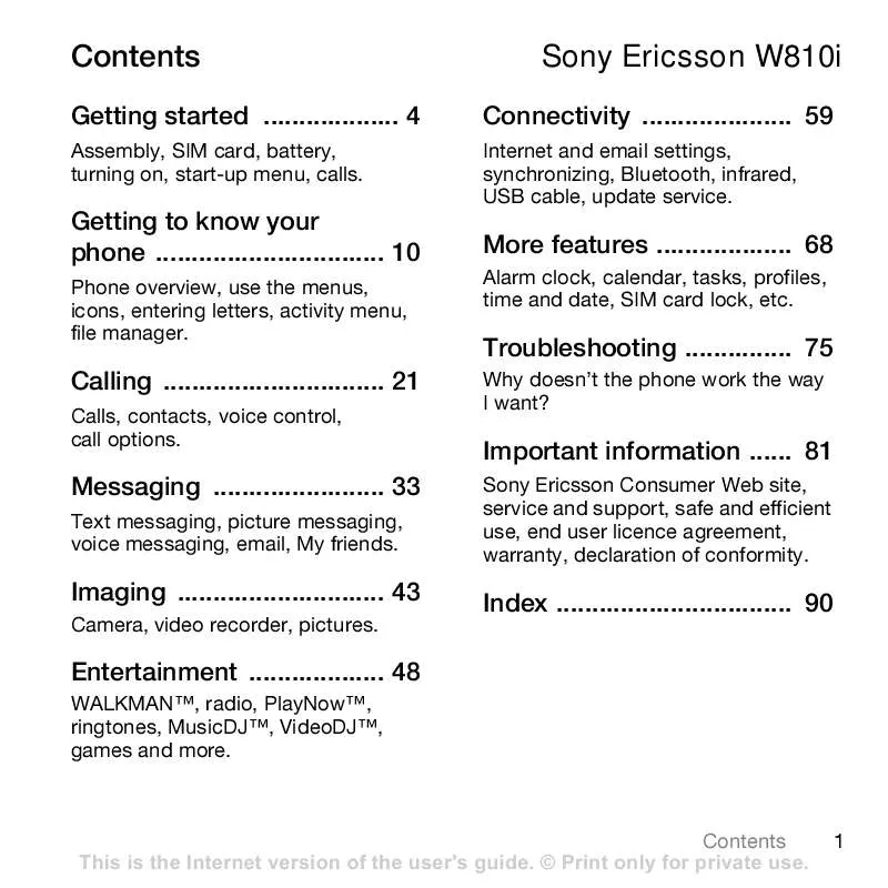 Mode d'emploi SONY ERICSSON W810I