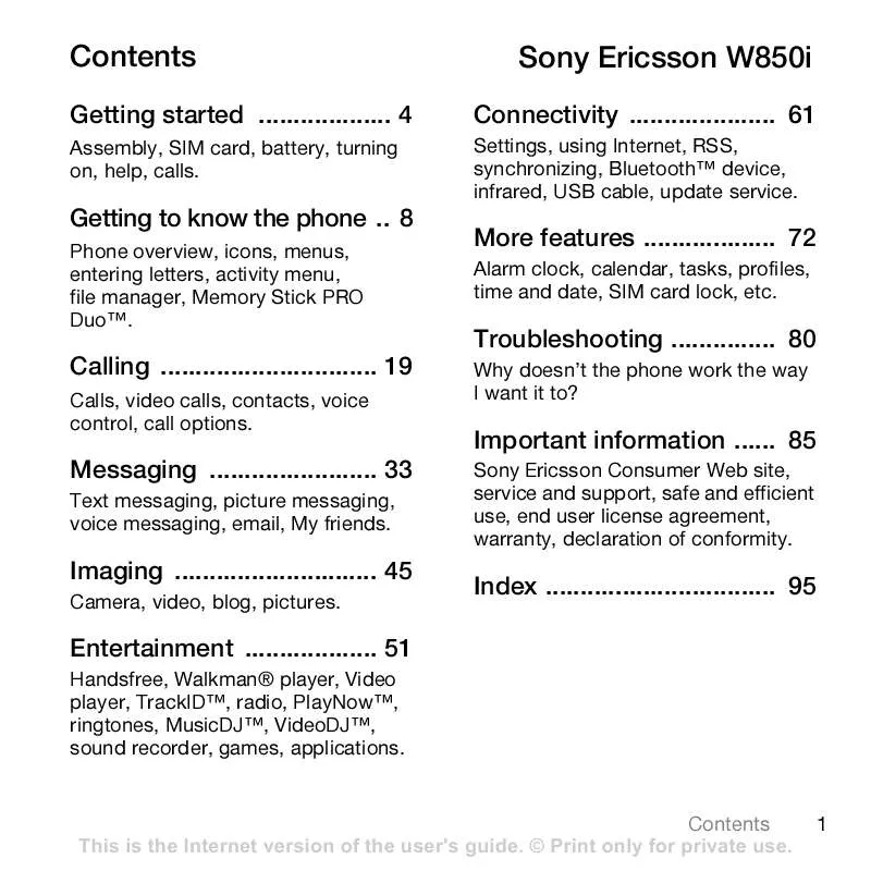 Mode d'emploi SONY ERICSSON W850I