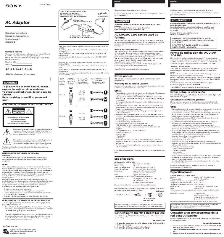 Mode d'emploi SONY AC-L100