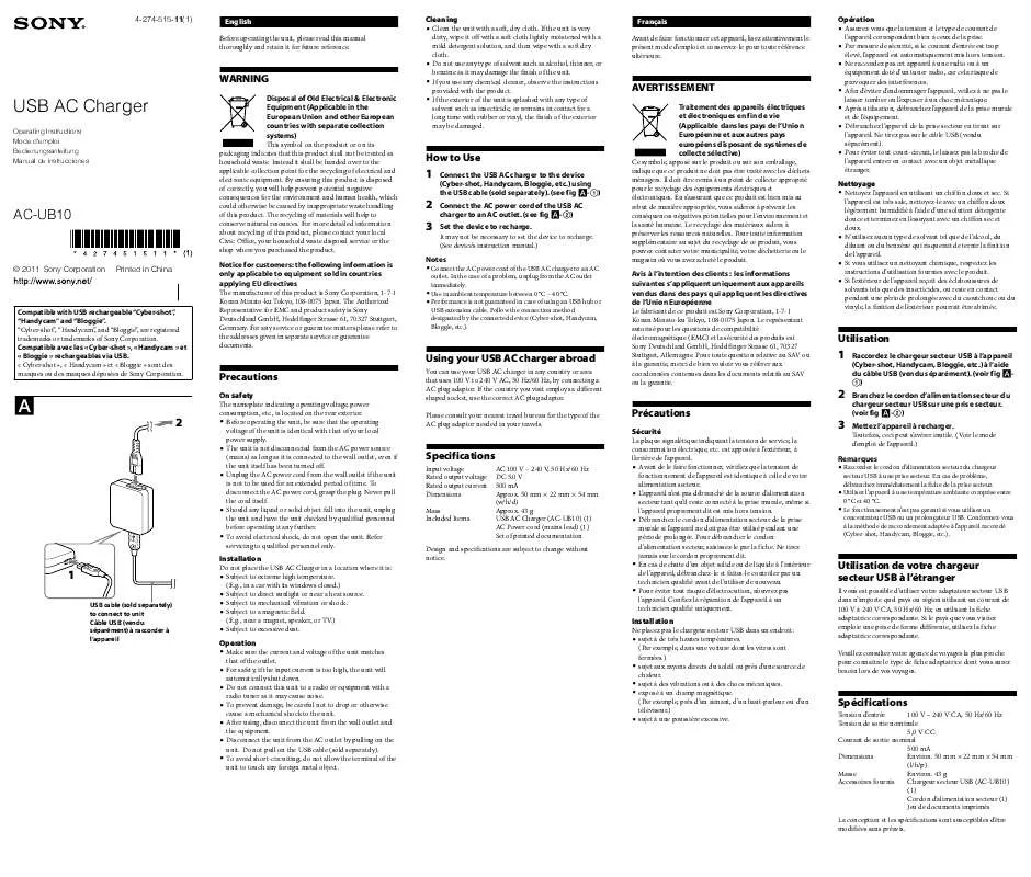 Mode d'emploi SONY AC-UB10