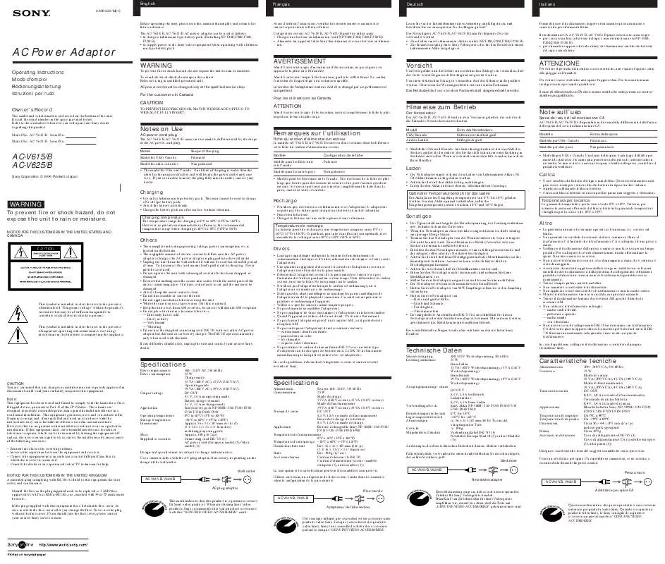 Mode d'emploi SONY AC-V625