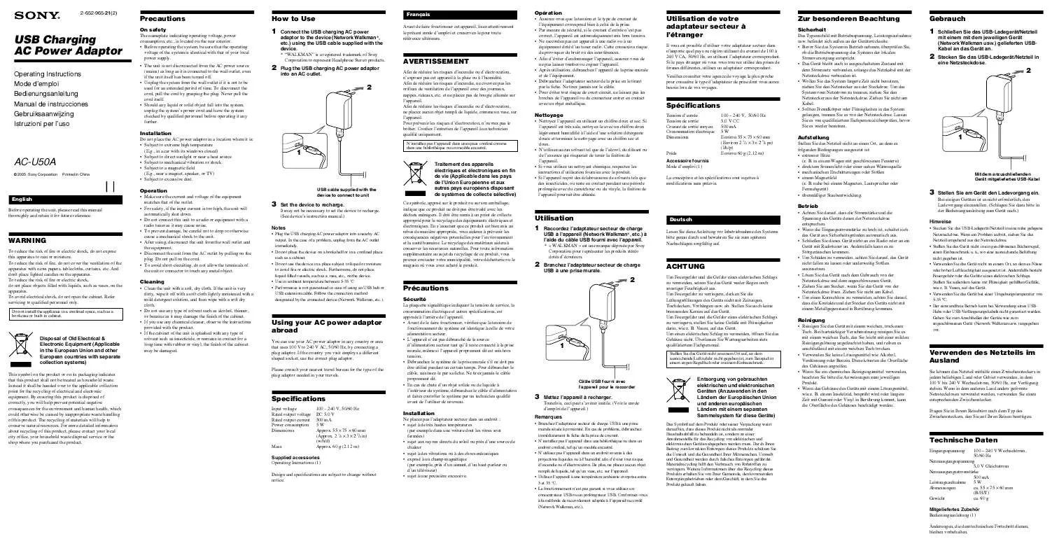 Mode d'emploi SONY ACU-50A