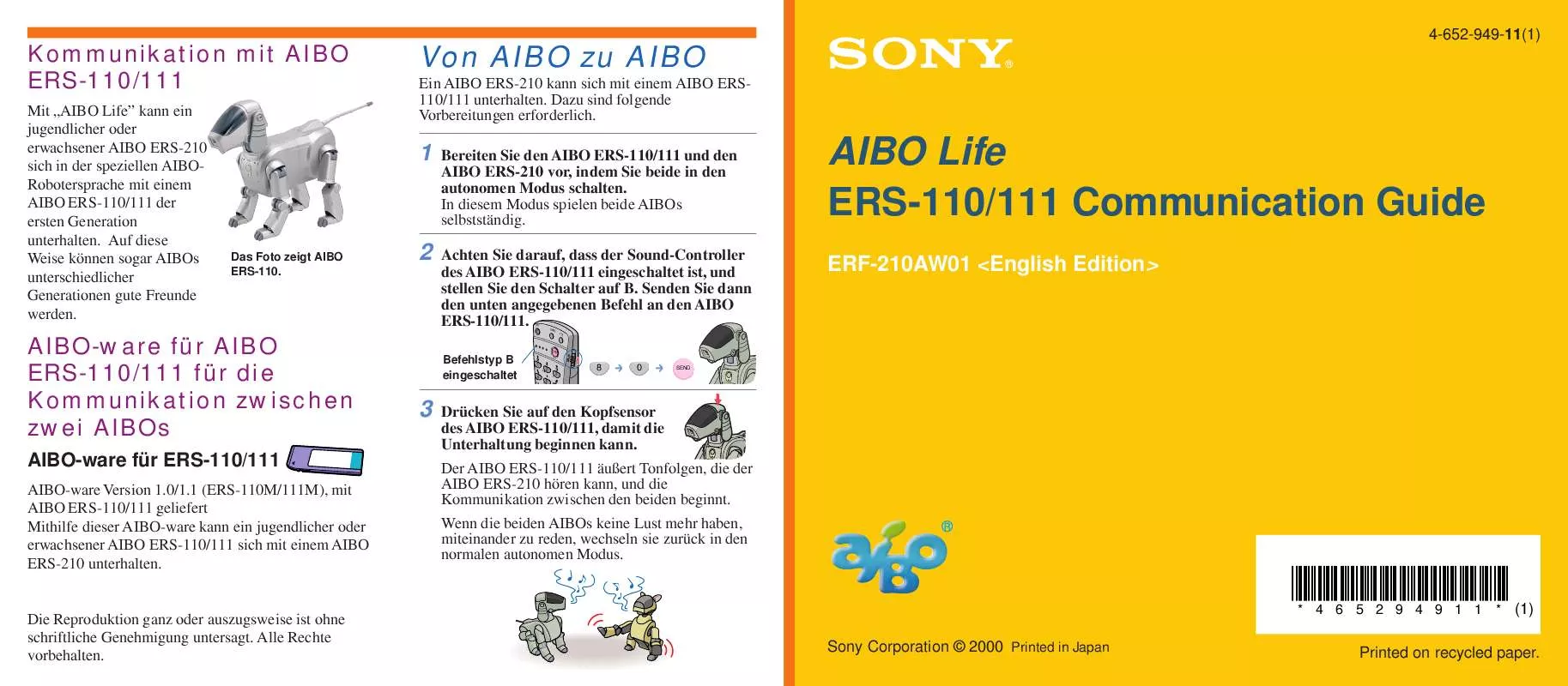 Mode d'emploi SONY AIBO LIFE ERS-110111