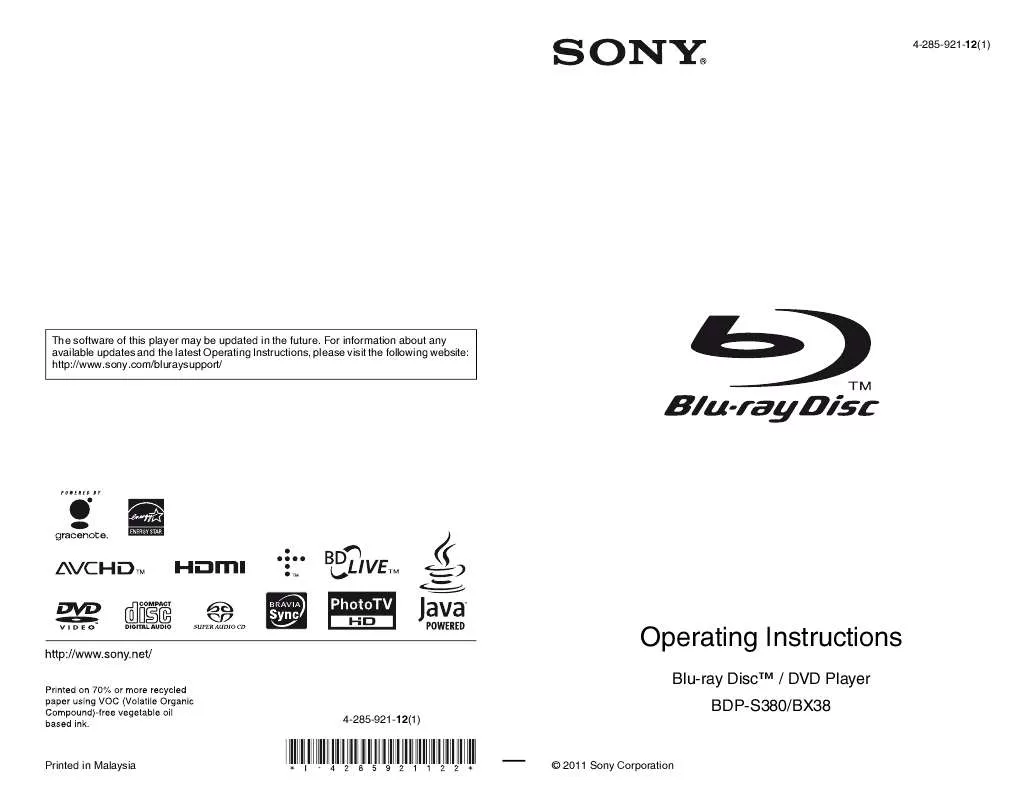 Mode d'emploi SONY BDP-BX38