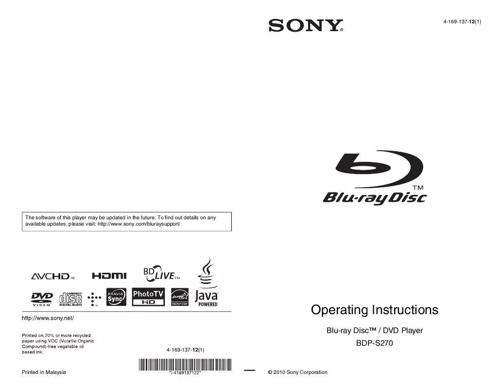 Mode d'emploi SONY BDP-S270