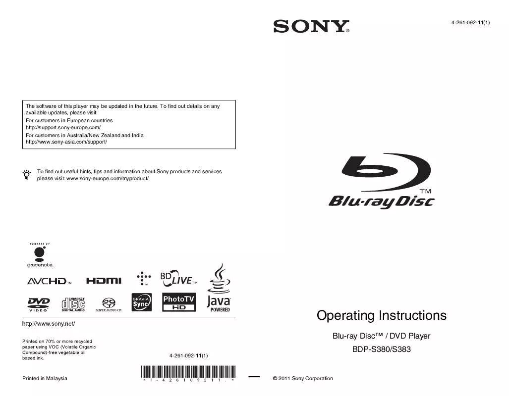 Mode d'emploi SONY BDP-S383