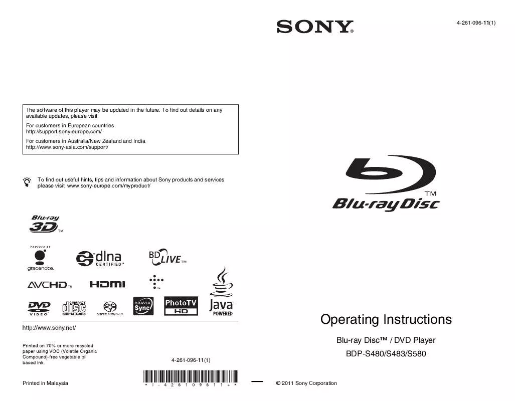 Mode d'emploi SONY BDP-S483