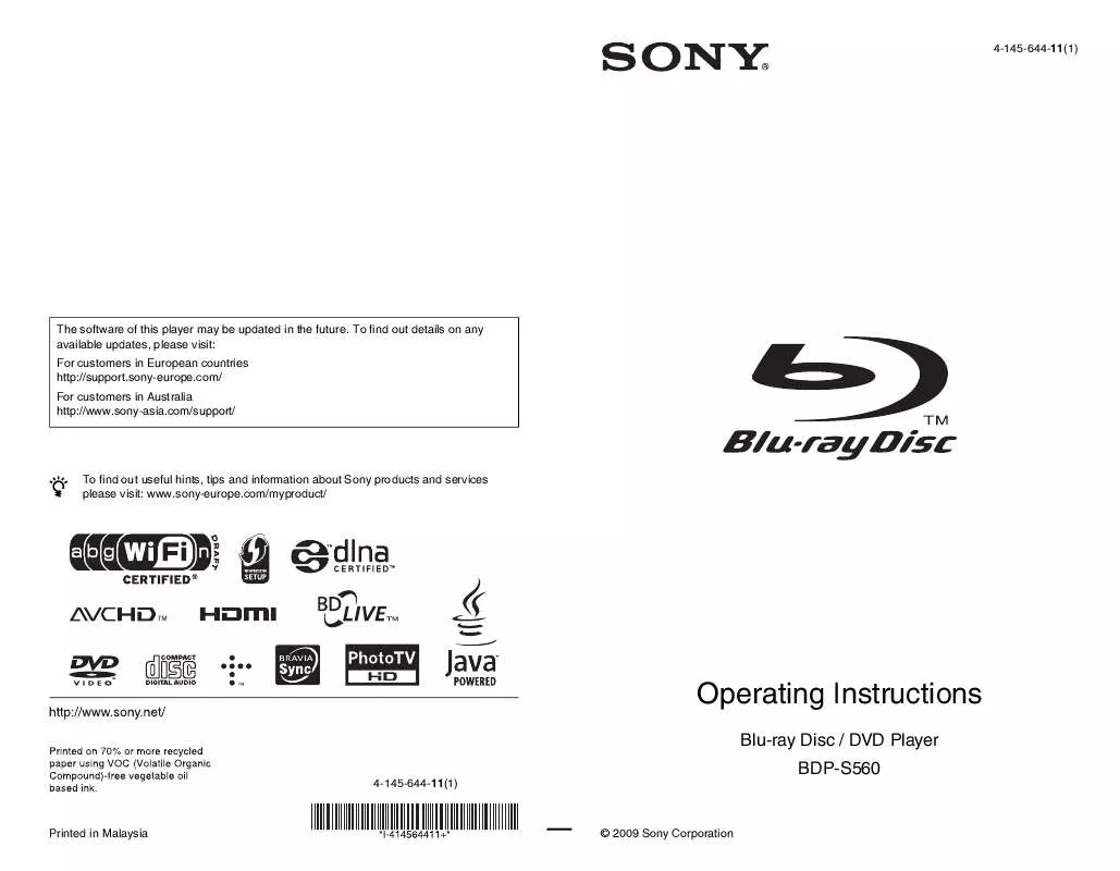 Mode d'emploi SONY BDP-S560