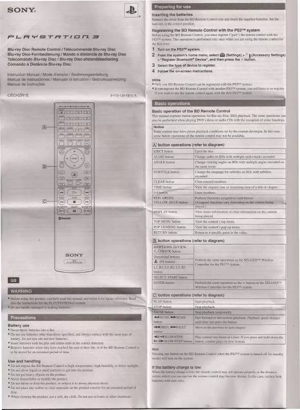 Mode d'emploi SONY BLU-RAY DISC REMOTE CONTROL PLAYSTATION 3